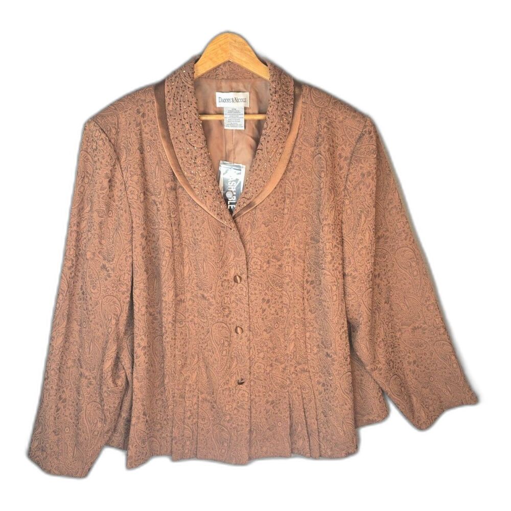 Danny and Nicole Jacket 30W Brown Textured Print Clear Beaded Collar Lined